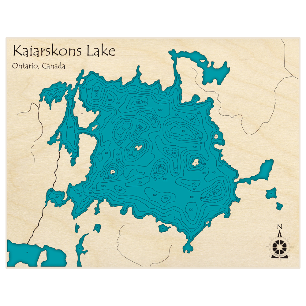 Bathymetric topo map of Kaiarskons Lake with roads, towns and depths noted in blue water