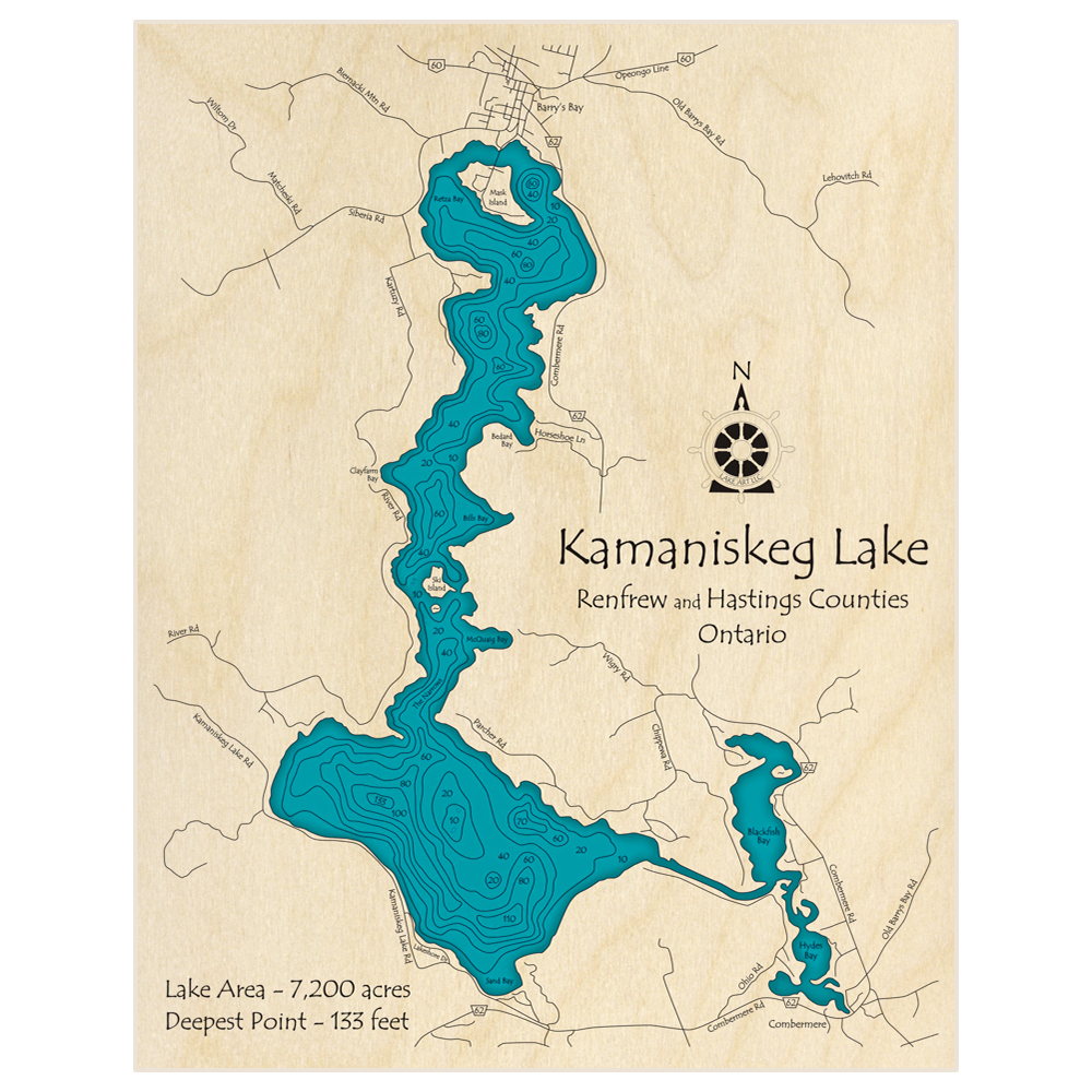 Bathymetric topo map of Kamaniskeg Lake with roads, towns and depths noted in blue water