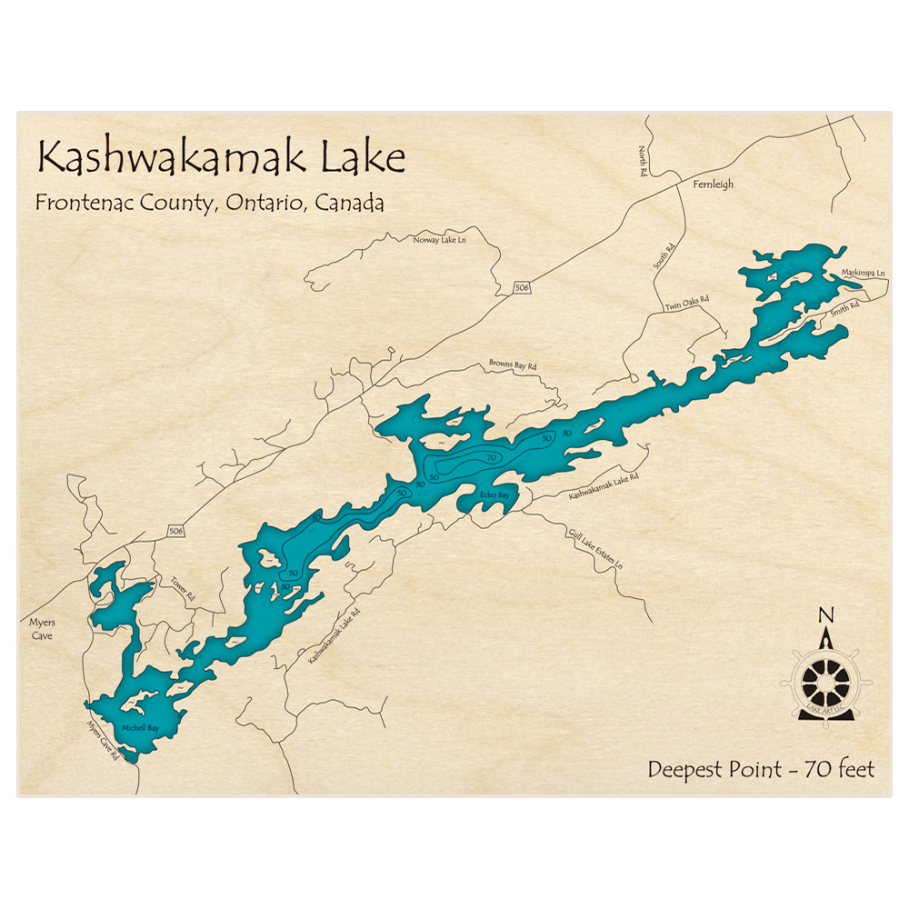 Bathymetric topo map of Kashwakamak Lake with roads, towns and depths noted in blue water
