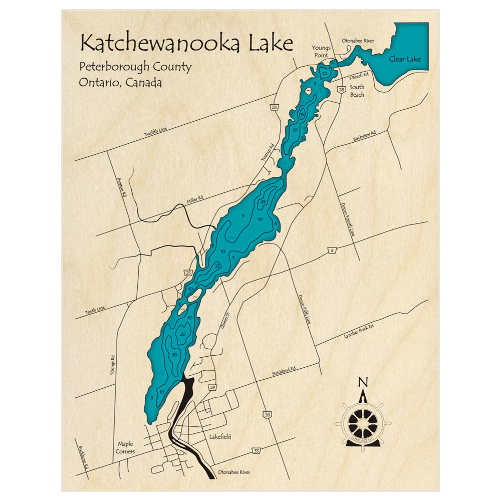 Bathymetric topo map of Katchewanooka Lake with roads, towns and depths noted in blue water