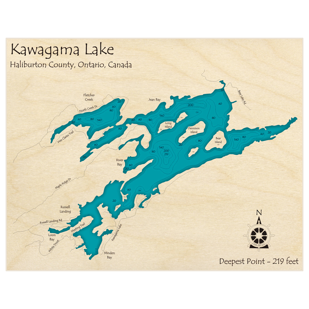 Bathymetric topo map of Kawagama Lake with roads, towns and depths noted in blue water