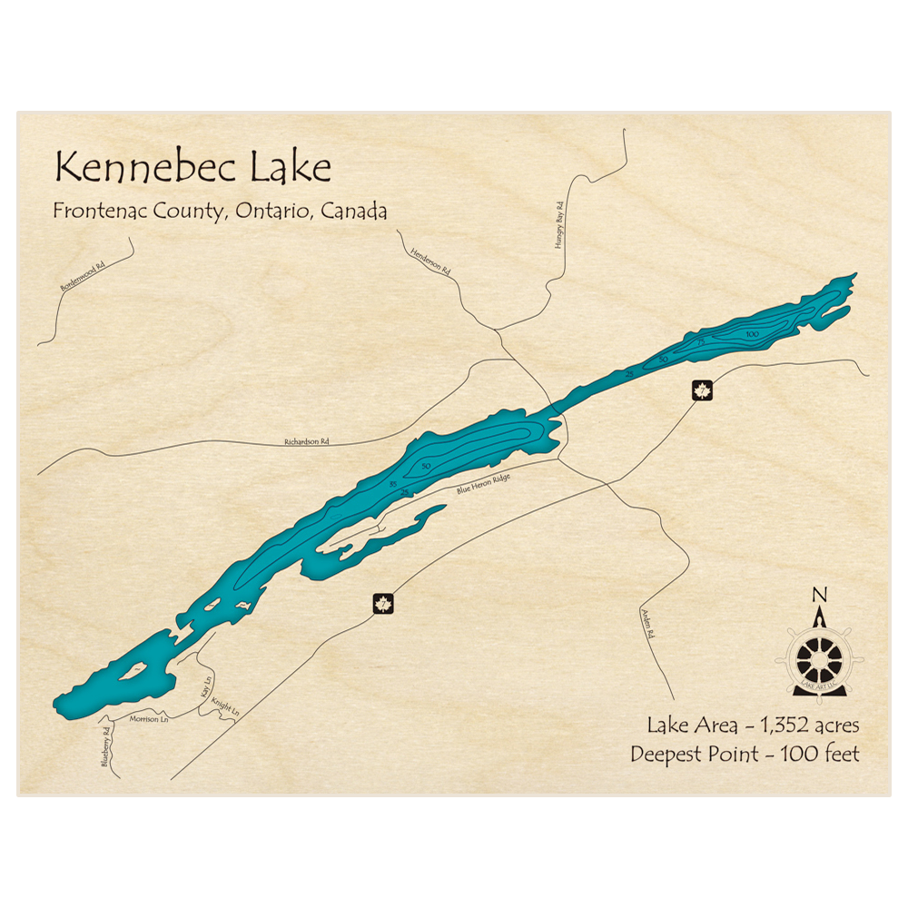 Bathymetric topo map of Kennabec Lake with roads, towns and depths noted in blue water