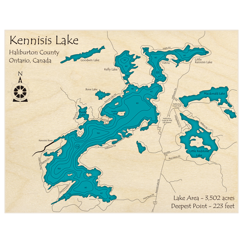 Bathymetric topo map of Kennisis Lake (With Little Kennisis and Kelly Lakes) with roads, towns and depths noted in blue water
