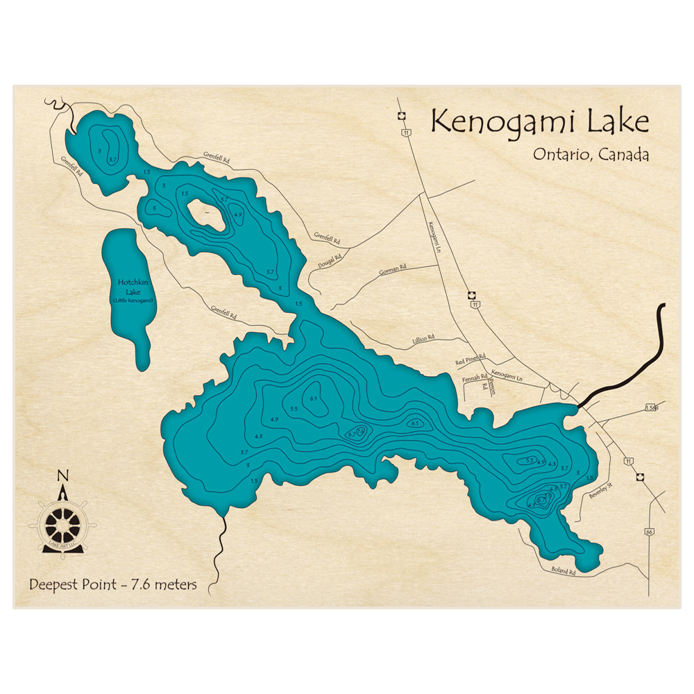 Bathymetric topo map of Kenogami Lake (in meters) with roads, towns and depths noted in blue water