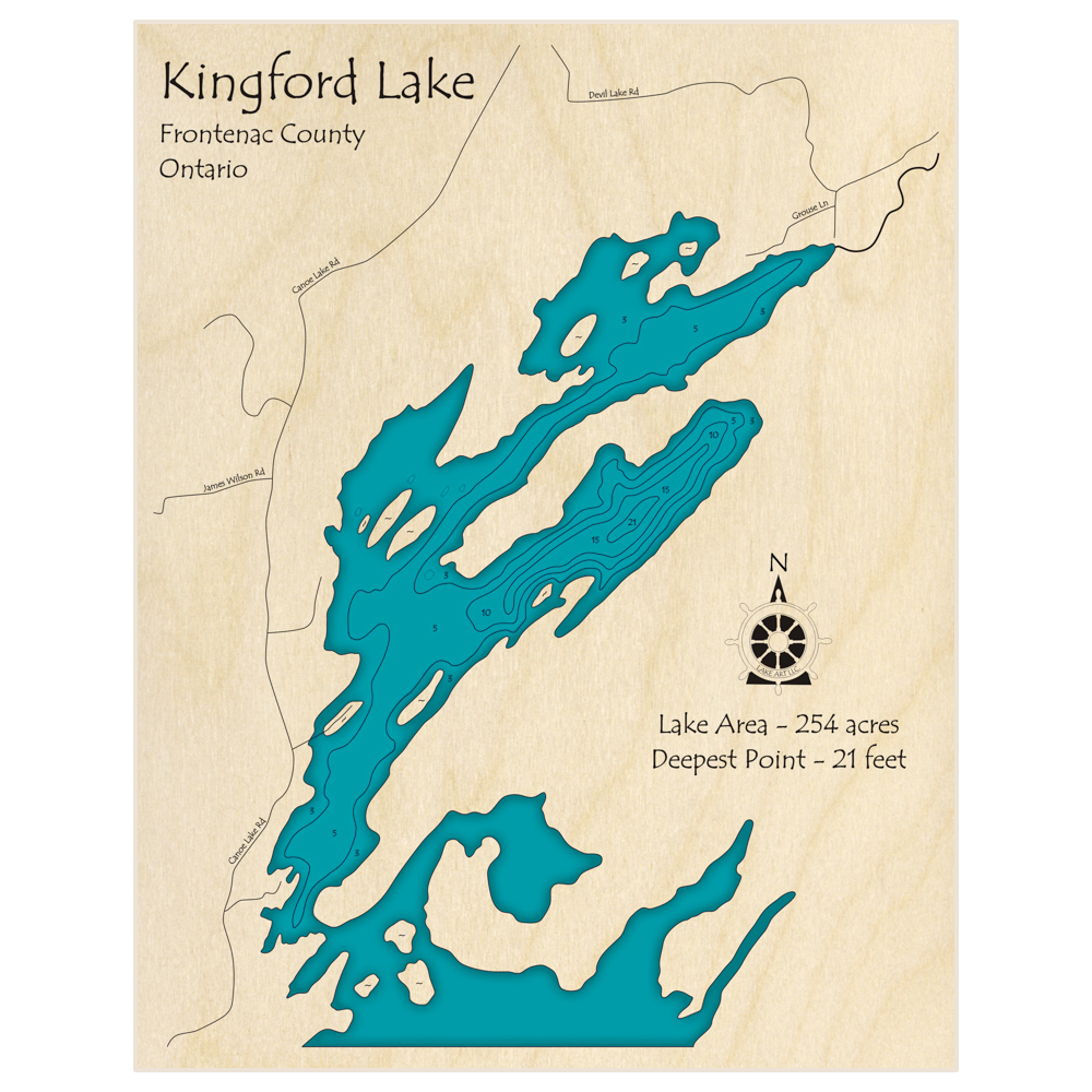 Bathymetric topo map of Kingsford Lake with roads, towns and depths noted in blue water