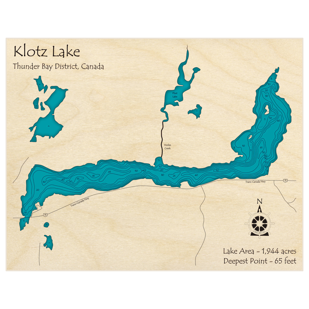 Bathymetric topo map of Klotz Lake with roads, towns and depths noted in blue water