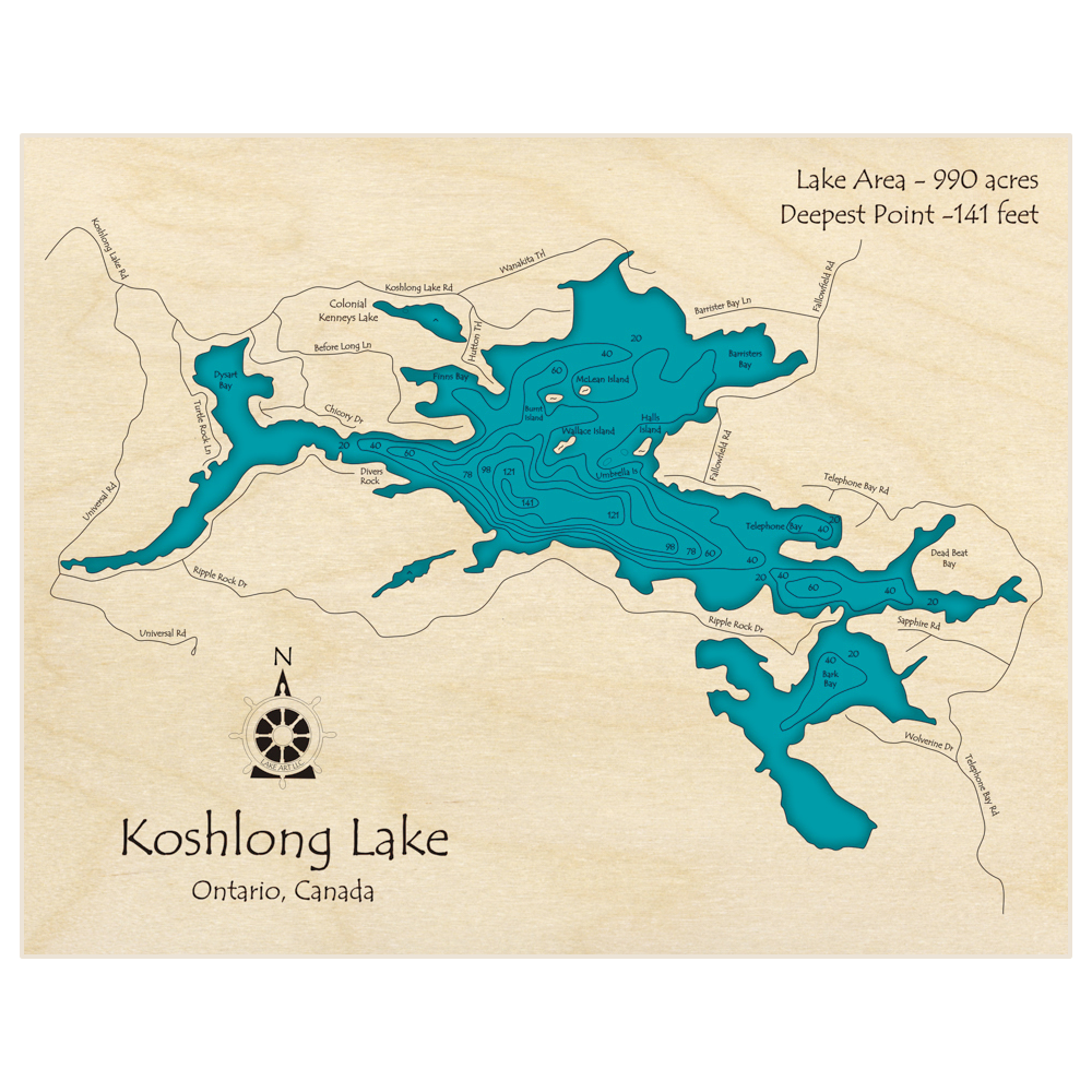 Bathymetric topo map of Koshlong Lake with roads, towns and depths noted in blue water