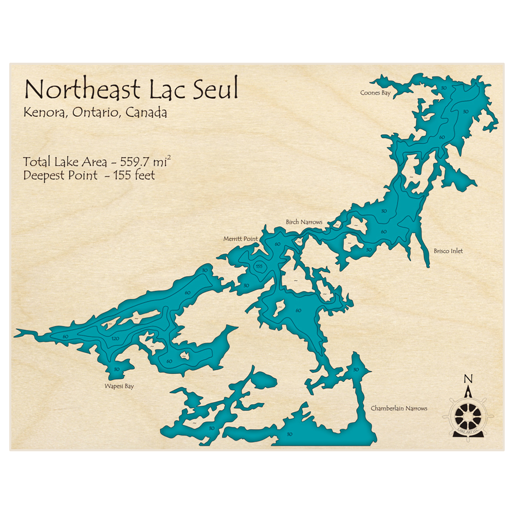 Bathymetric topo map of Lac Seul (northeast area of lake only) with roads, towns and depths noted in blue water