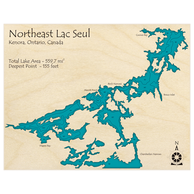 Bathymetric topo map of Lac Seul (northeast area of lake only) with roads, towns and depths noted in blue water