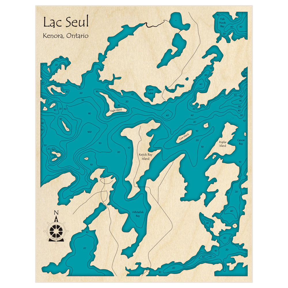 Bathymetric topo map of Lac Seul (Zoomed in at Kejick Bay Island) with roads, towns and depths noted in blue water