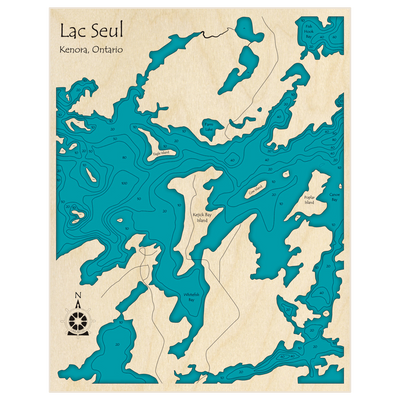 Bathymetric topo map of Lac Seul (Zoomed in at Kejick Bay Island) with roads, towns and depths noted in blue water
