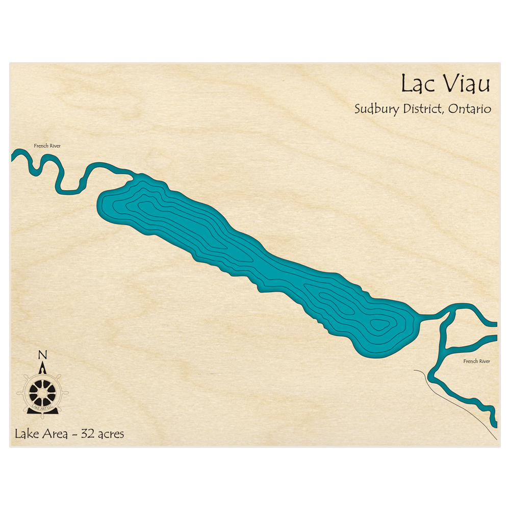 Bathymetric topo map of Lac Viau  with roads, towns and depths noted in blue water
