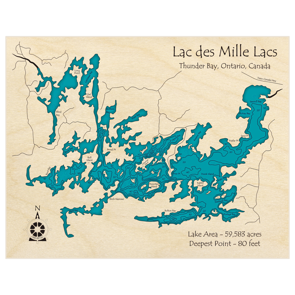 Bathymetric topo map of Lac des Milles Lacs with roads, towns and depths noted in blue water