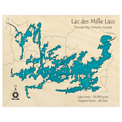 Bathymetric topo map of Lac des Milles Lacs with roads, towns and depths noted in blue water