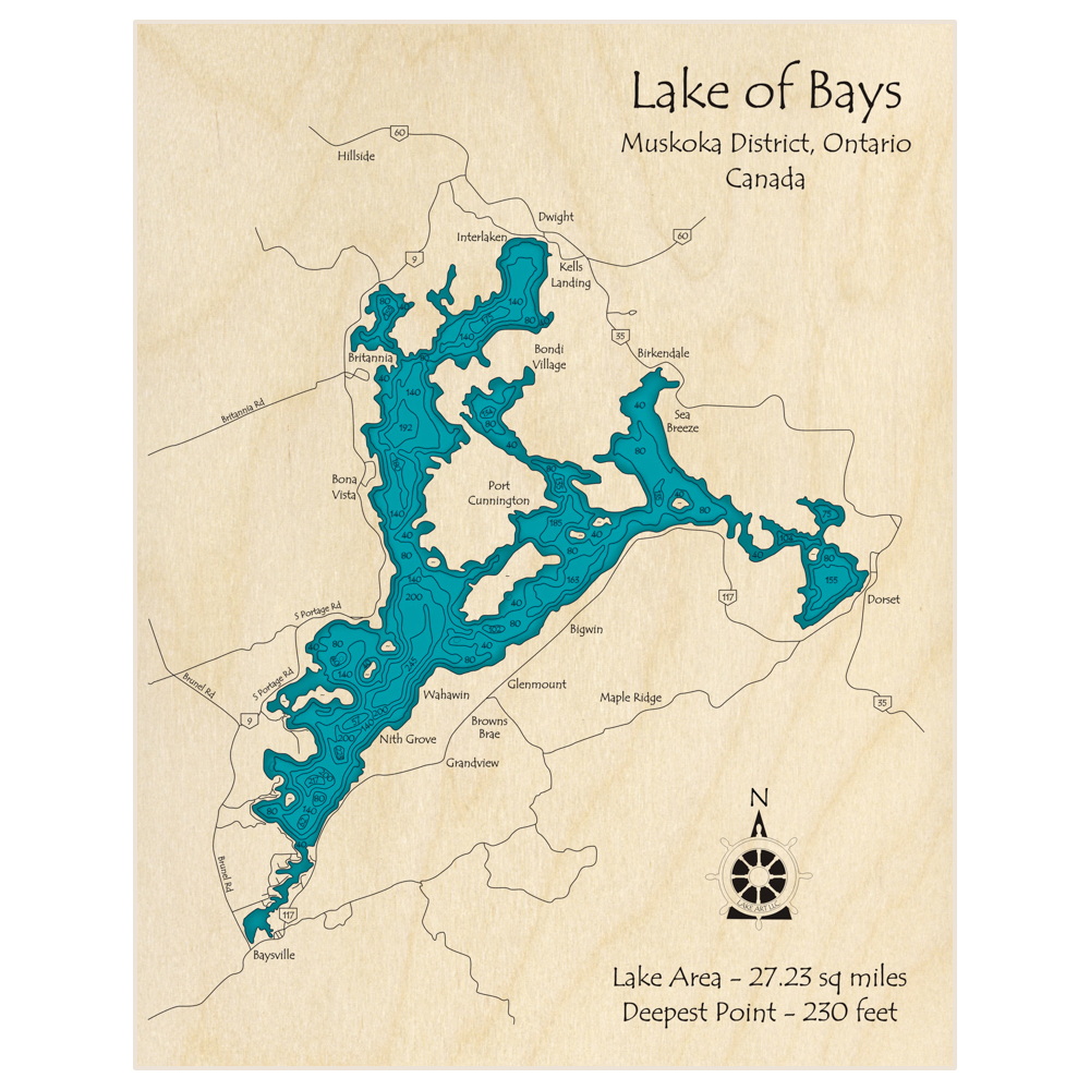 Bathymetric topo map of Lake of Bays with roads, towns and depths noted in blue water