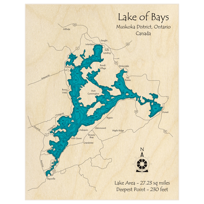 Bathymetric topo map of Lake of Bays with roads, towns and depths noted in blue water
