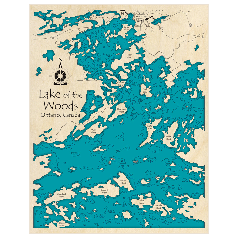 Bathymetric topo map of Lake of the Woods (Kenora to Crow Rock) with roads, towns and depths noted in blue water