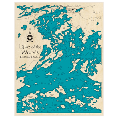 Bathymetric topo map of Lake of the Woods (Kenora to Crow Rock) with roads, towns and depths noted in blue water