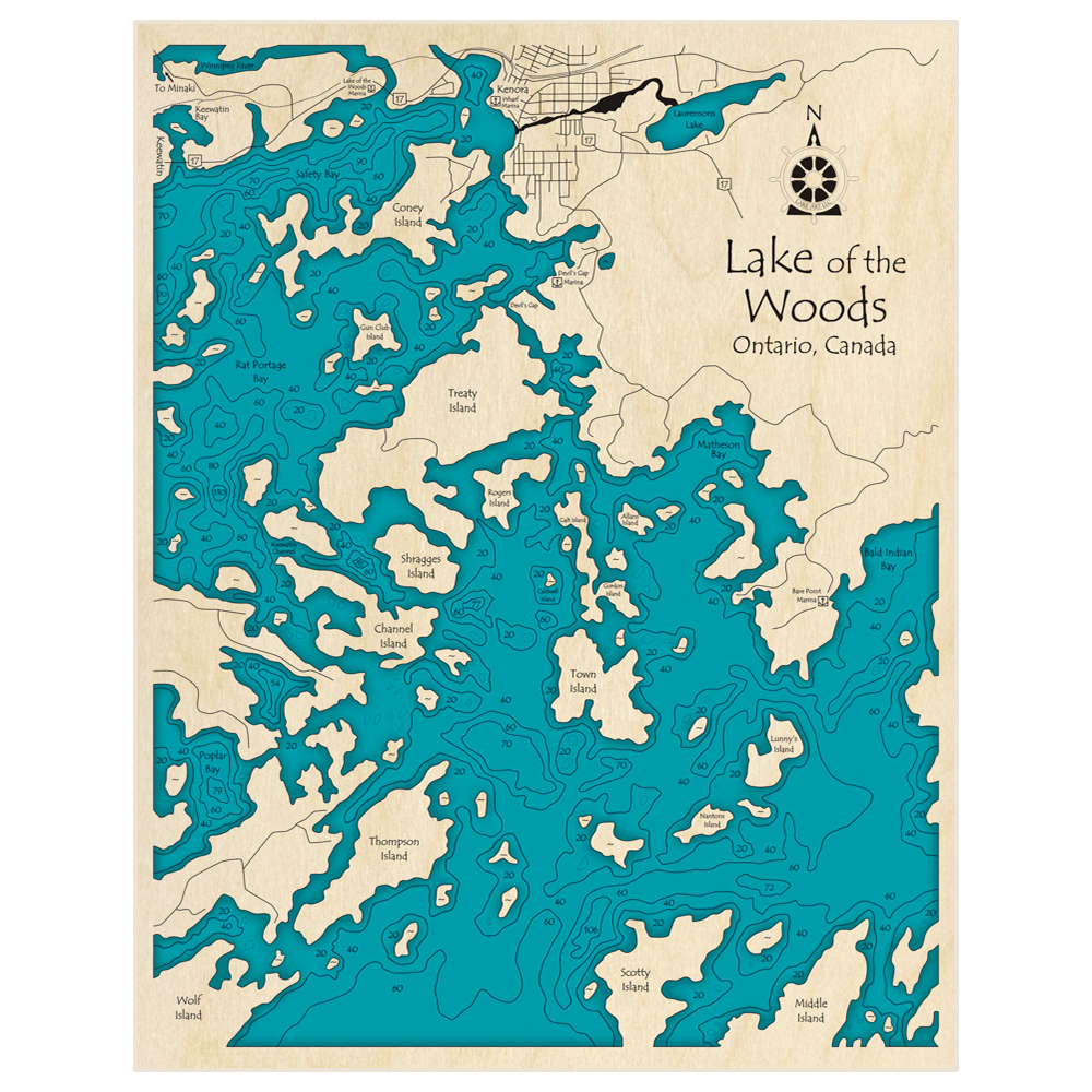 Bathymetric topo map of Lake of the Woods (Zoomed in Kenora to Thompson Island) with roads, towns and depths noted in blue water