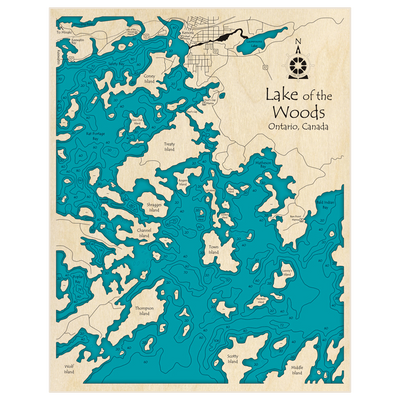Bathymetric topo map of Lake of the Woods (Zoomed in Kenora to Thompson Island) with roads, towns and depths noted in blue water