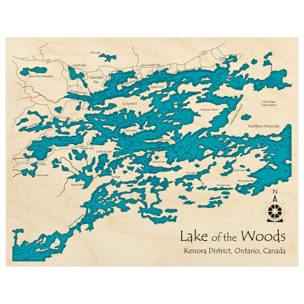 Bathymetric topo map of Lake of the Woods (Zoomed in near Ptarmigan Bay/Clearwater Bay) with roads, towns and depths noted in blue water