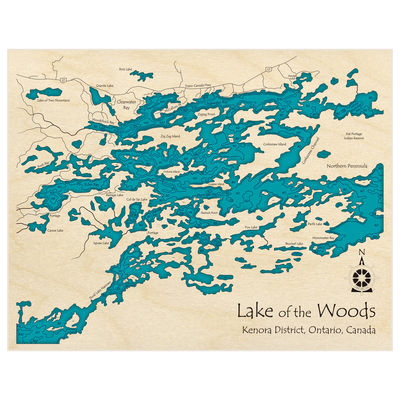 Bathymetric topo map of Lake of the Woods (Zoomed in near Ptarmigan Bay/Clearwater Bay) with roads, towns and depths noted in blue water