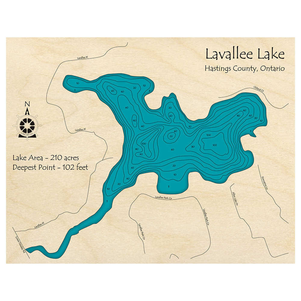 Bathymetric topo map of Lavallee Lake with roads, towns and depths noted in blue water