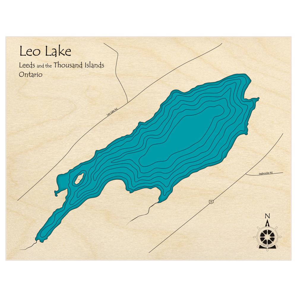 Bathymetric topo map of Leo Lake  with roads, towns and depths noted in blue water
