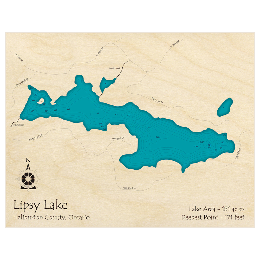 Bathymetric topo map of Lipsy Lake with roads, towns and depths noted in blue water