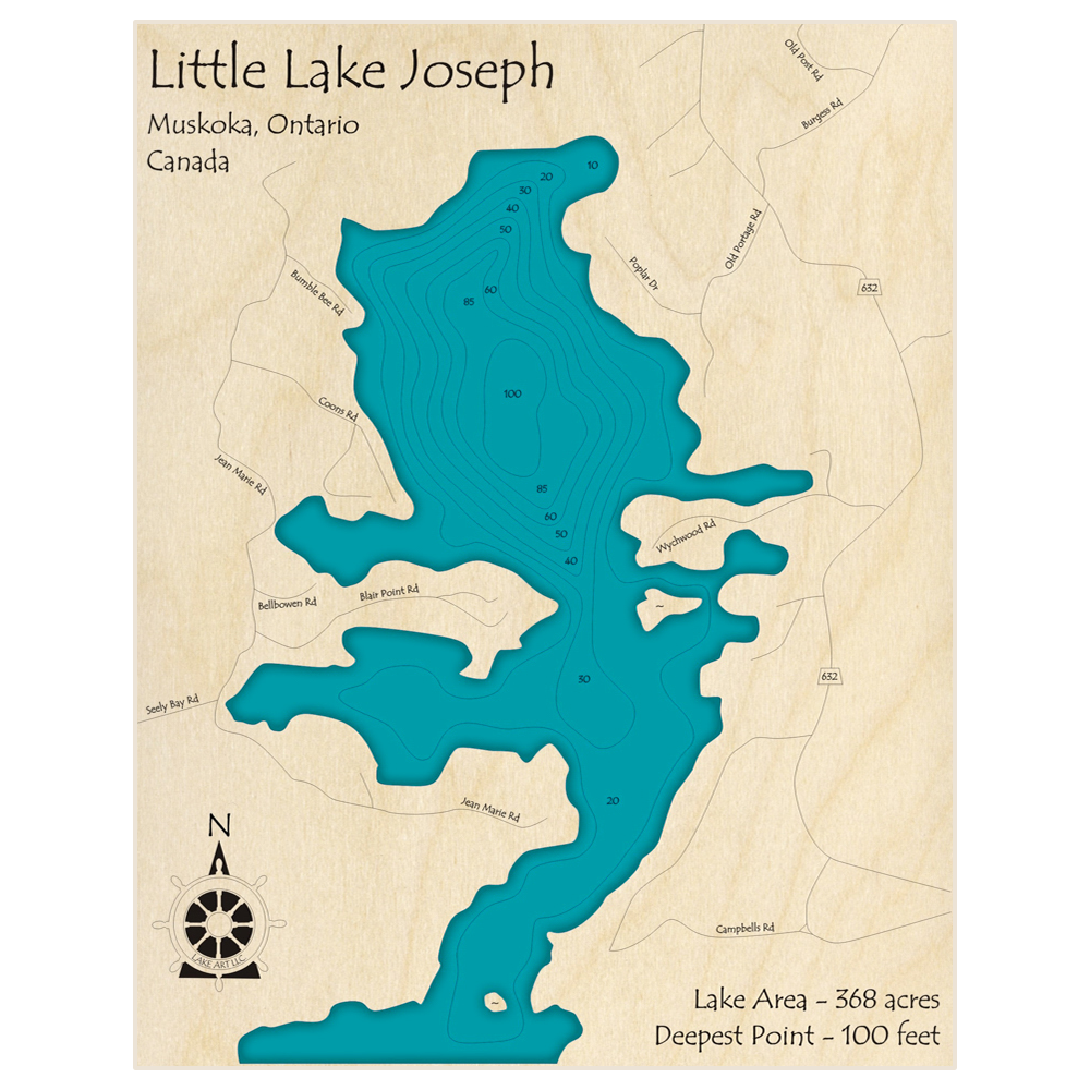 Bathymetric topo map of Little Lake Joseph with roads, towns and depths noted in blue water