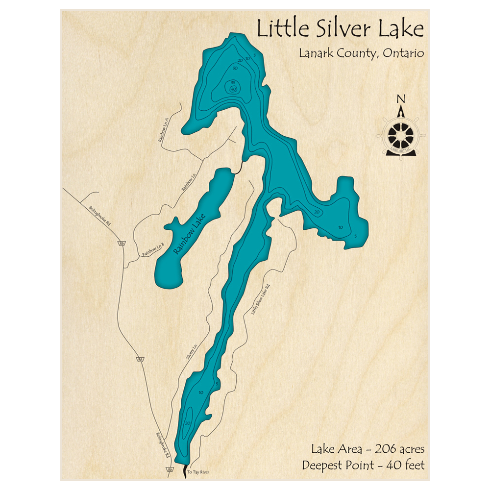 Bathymetric topo map of Little Silver Lake with roads, towns and depths noted in blue water