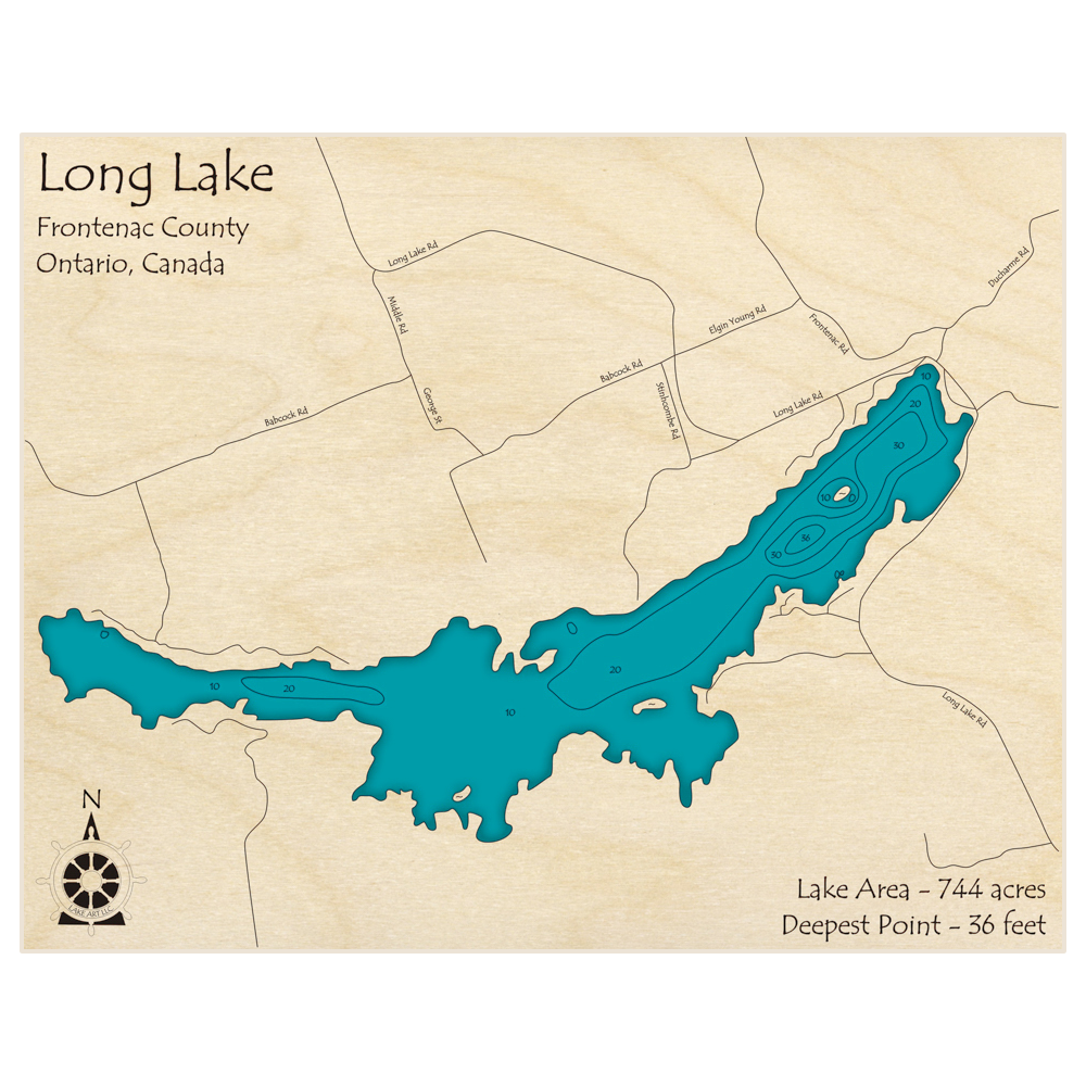 Bathymetric topo map of Long Lake with roads, towns and depths noted in blue water