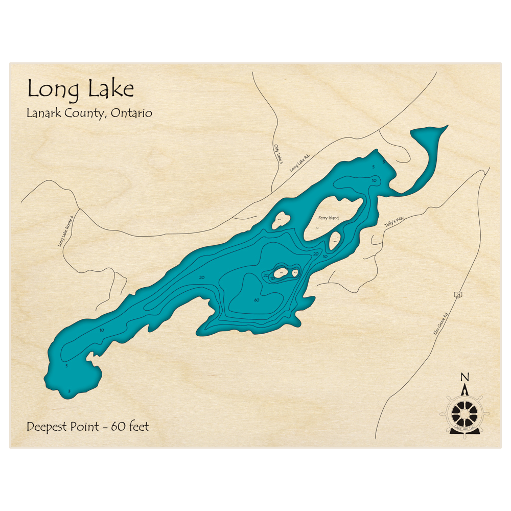 Bathymetric topo map of Long Lake with roads, towns and depths noted in blue water
