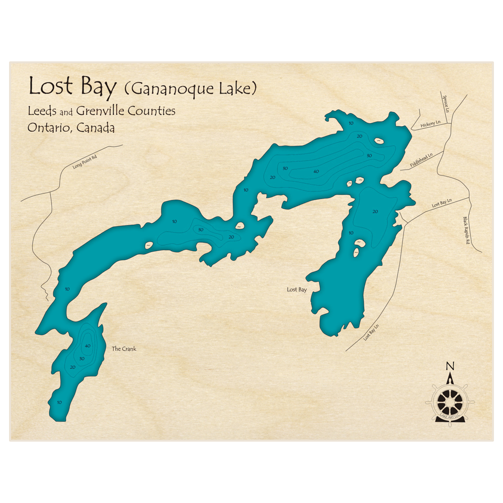 Bathymetric topo map of Gananoque Lake (Lost Bay section only) with roads, towns and depths noted in blue water