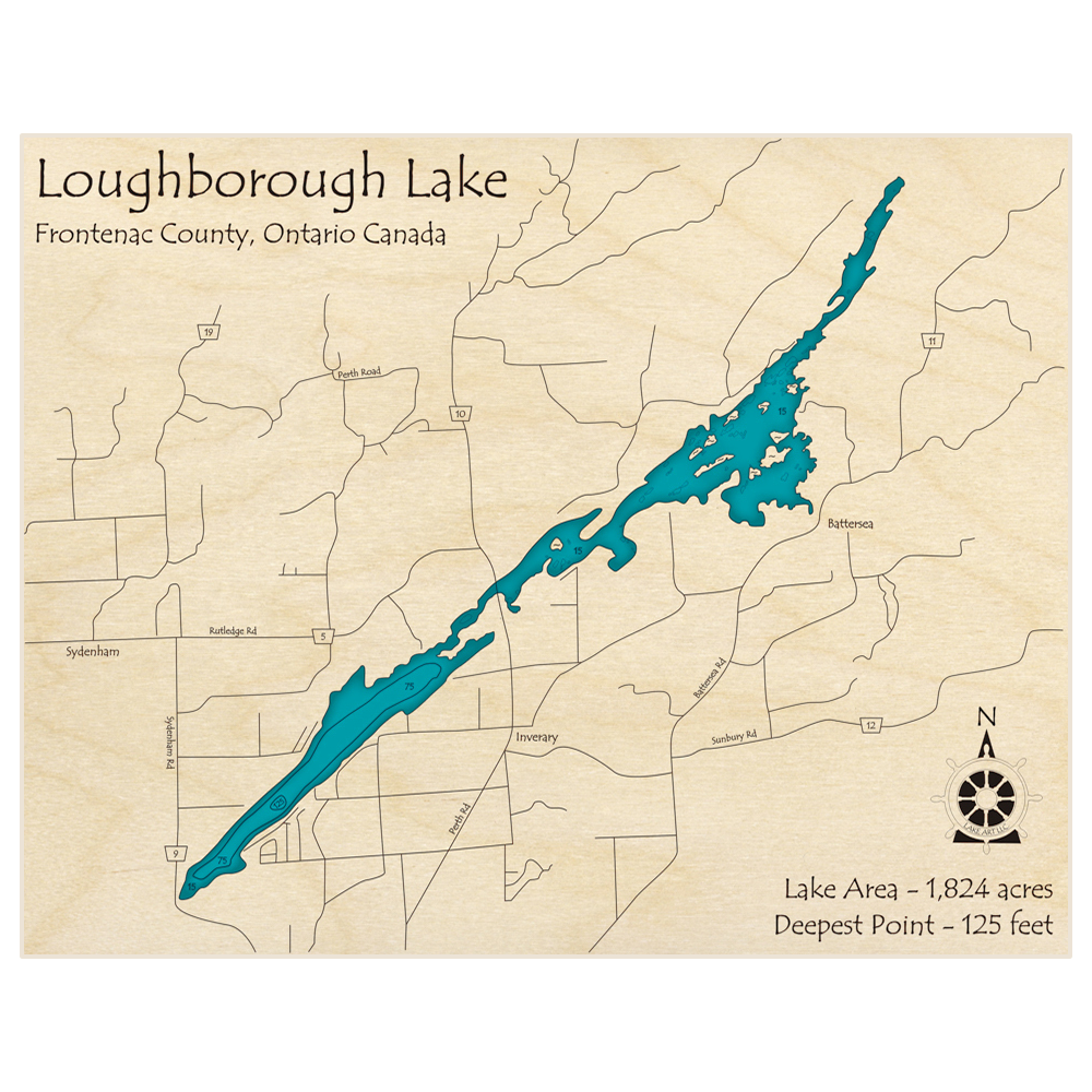 Bathymetric topo map of Loughborough Lake with roads, towns and depths noted in blue water