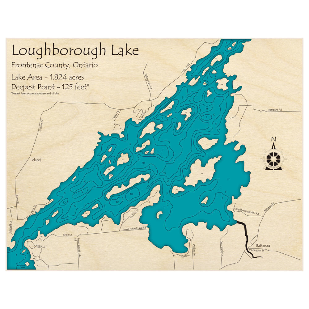 Bathymetric topo map of Loughborough Lake (Zoomed in on Northern Section) with roads, towns and depths noted in blue water