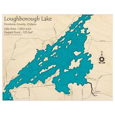Bathymetric topo map of Loughborough Lake (Zoomed in on Northern Section) with roads, towns and depths noted in blue water