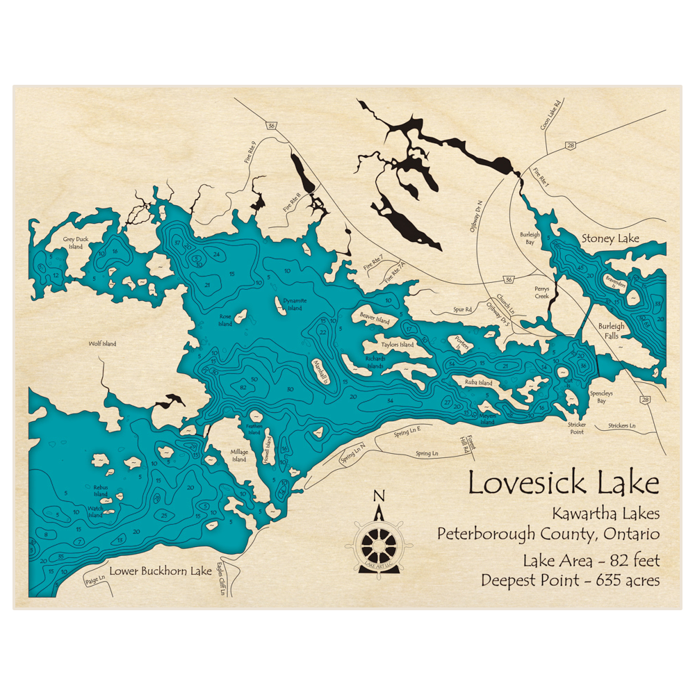 Bathymetric topo map of Lovesick Lake with roads, towns and depths noted in blue water