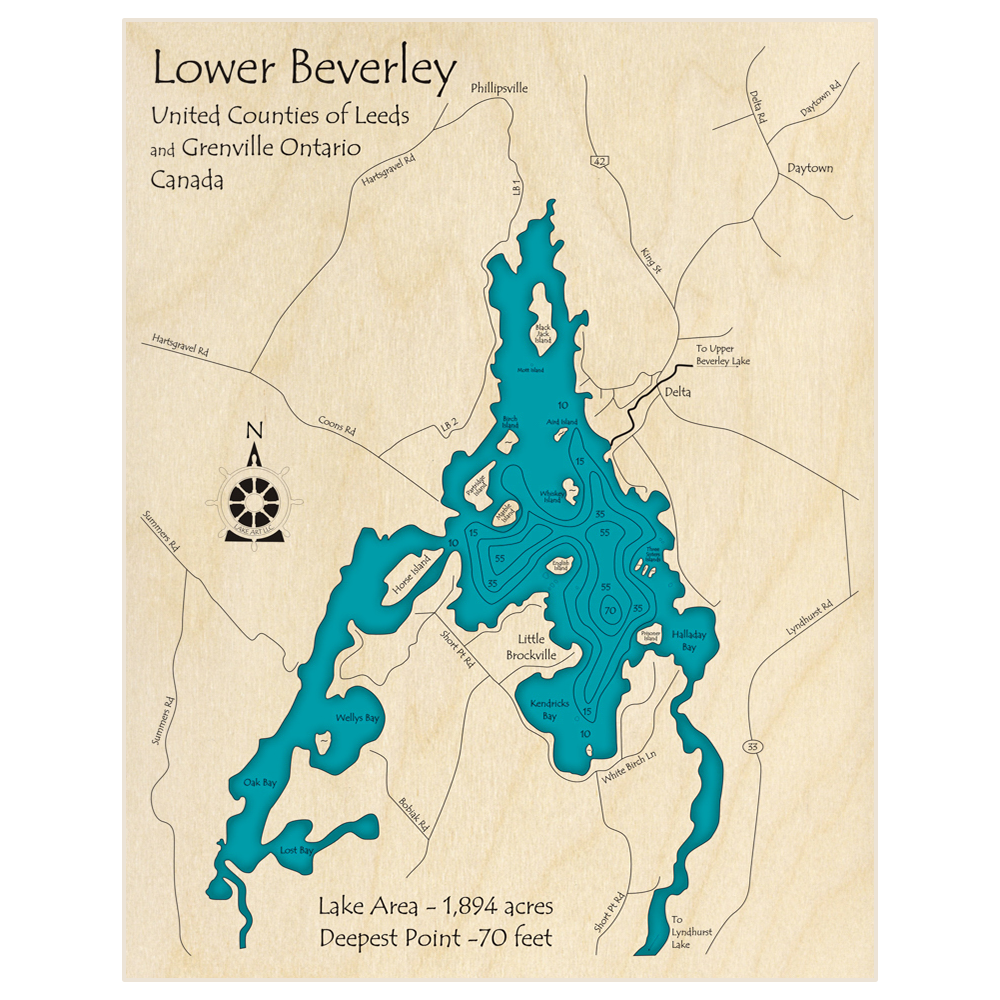 Bathymetric topo map of Lower Beverley Lake with roads, towns and depths noted in blue water