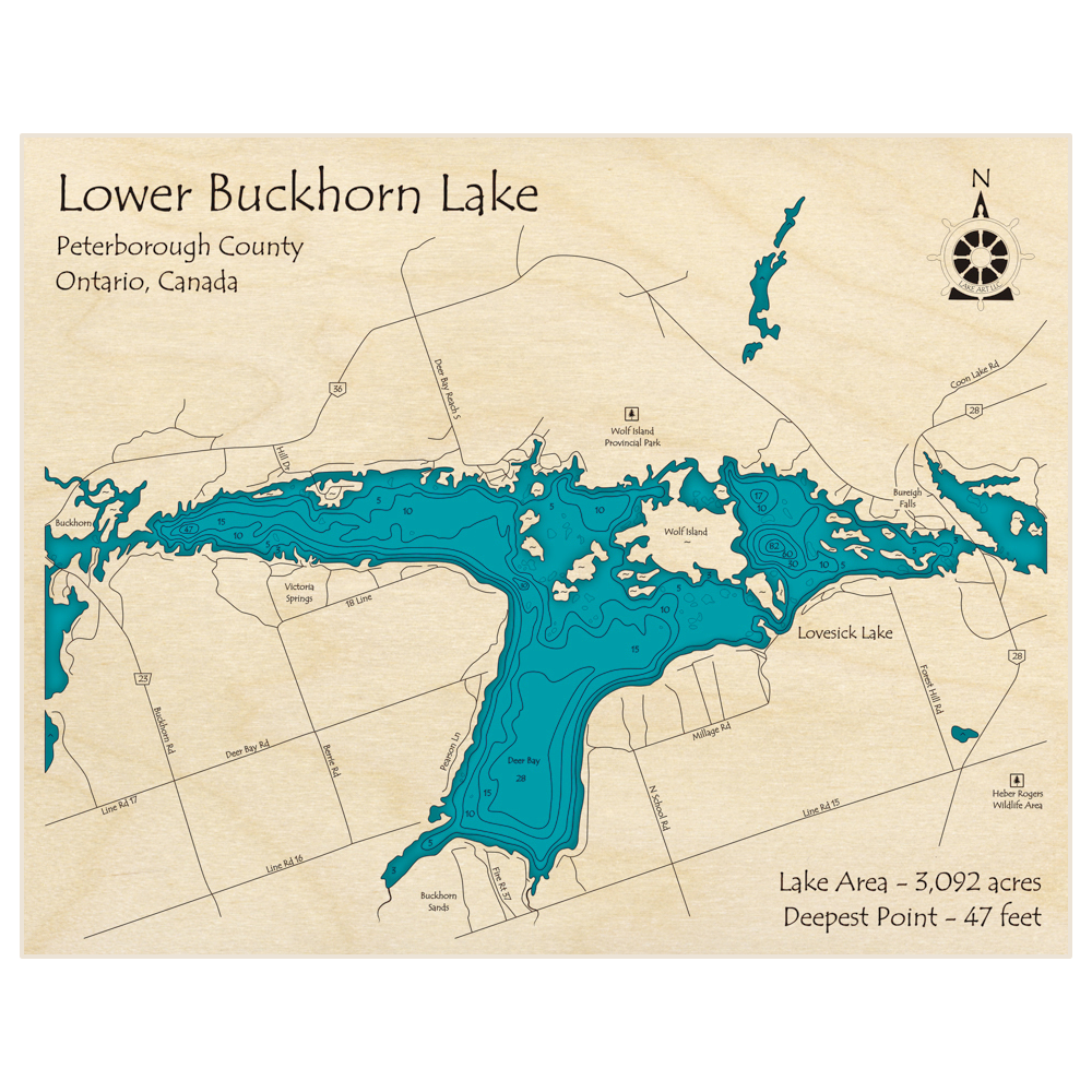 Bathymetric topo map of Buckhorn Lake (Lower Lake with Lovesick Lake) with roads, towns and depths noted in blue water
