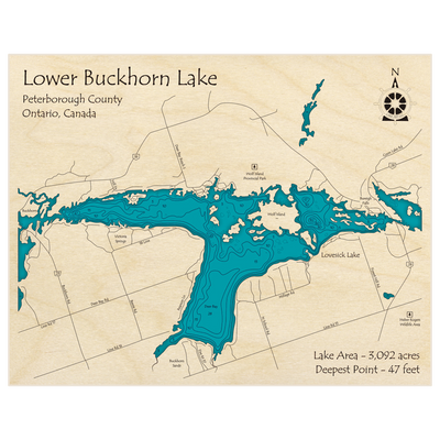 Bathymetric topo map of Buckhorn Lake (Lower Lake with Lovesick Lake) with roads, towns and depths noted in blue water