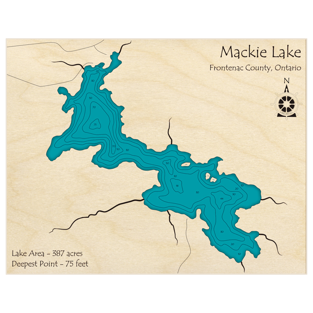 Bathymetric topo map of Mackie Lake with roads, towns and depths noted in blue water