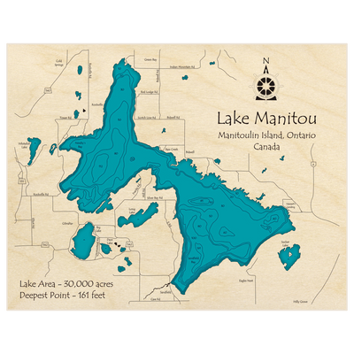 Bathymetric topo map of Lake Manitou with roads, towns and depths noted in blue water