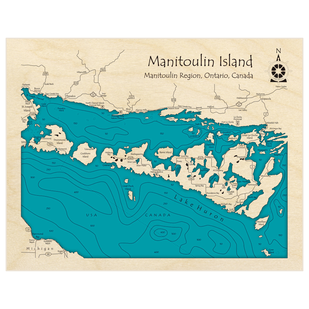 Bathymetric topo map of Manitoulin Island with roads, towns and depths noted in blue water