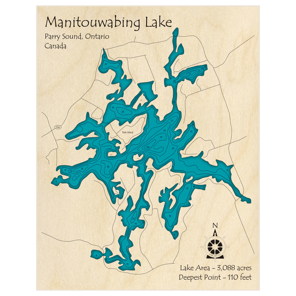 Bathymetric topo map of Manitouwabing Lake with roads, towns and depths noted in blue water