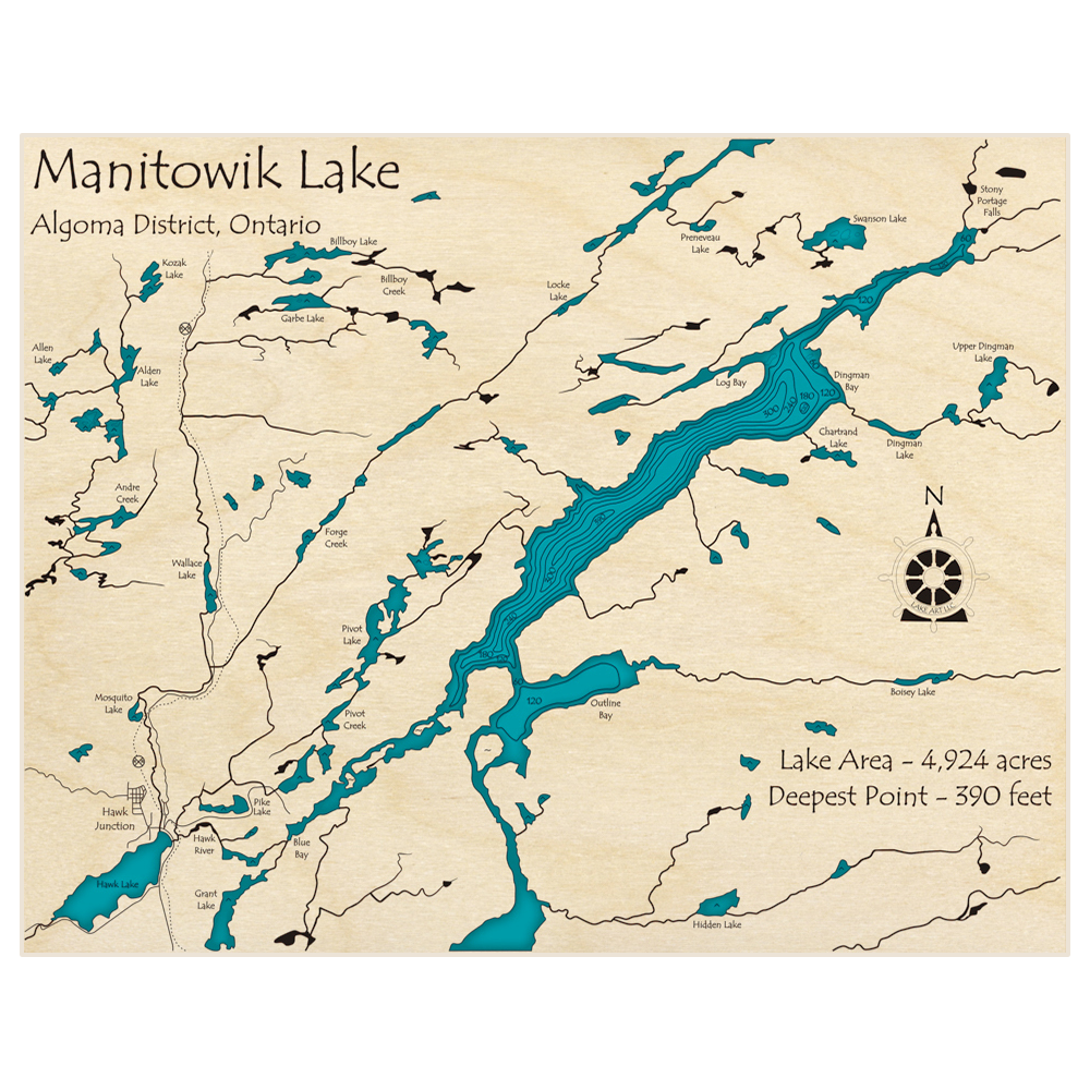 Bathymetric topo map of Manitowik Lake with roads, towns and depths noted in blue water