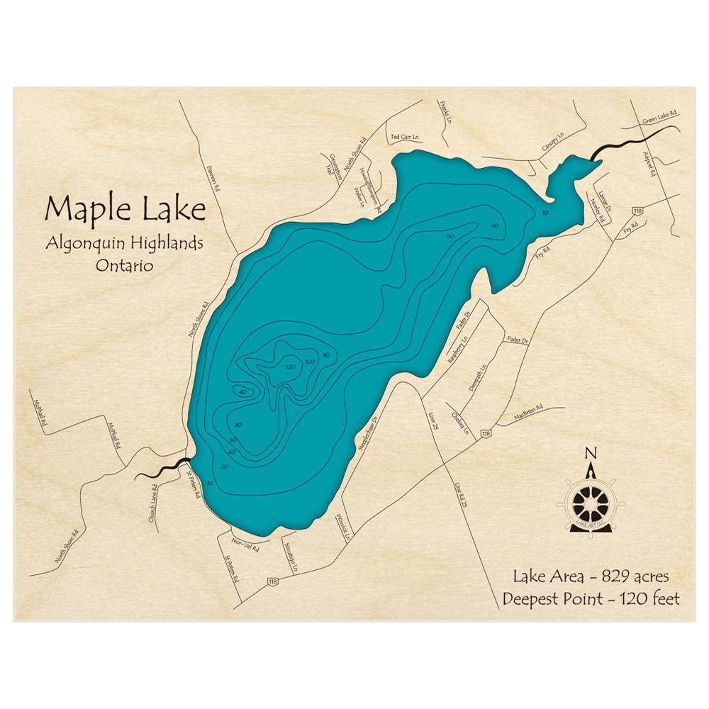 Bathymetric topo map of Maple Lake with roads, towns and depths noted in blue water
