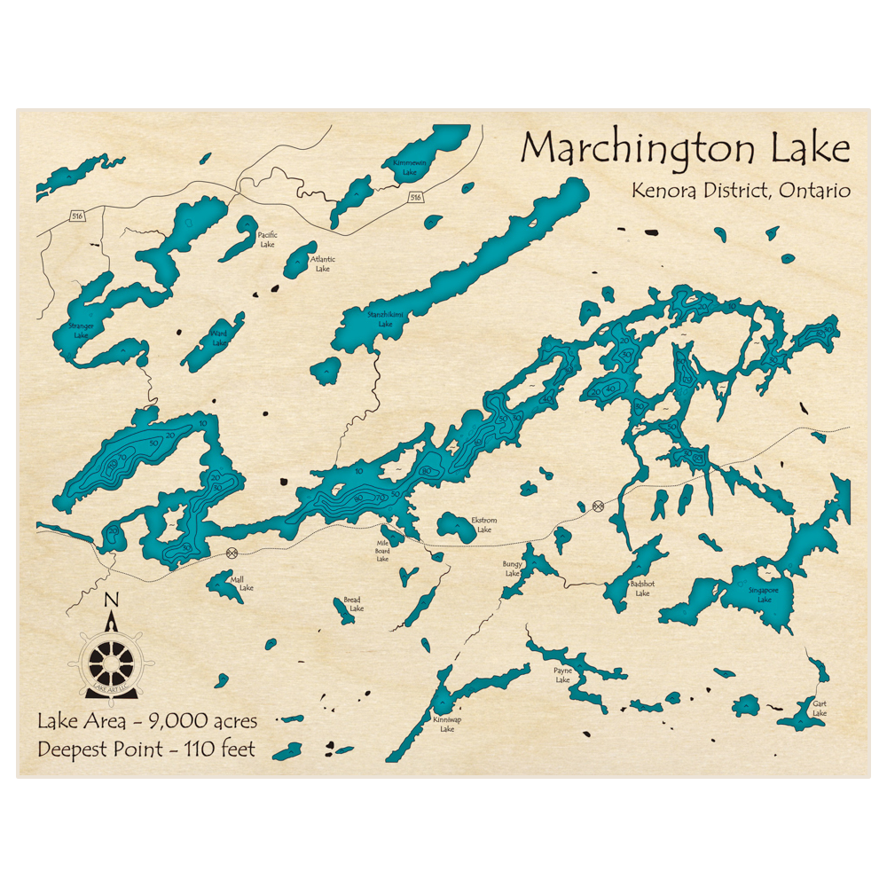 Bathymetric topo map of Marchington Lake with roads, towns and depths noted in blue water