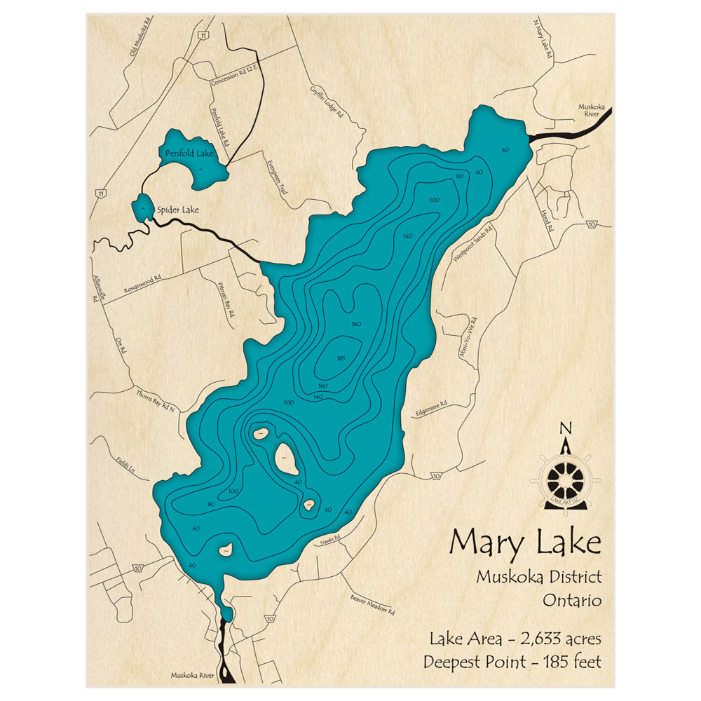 Bathymetric topo map of Mary Lake with roads, towns and depths noted in blue water