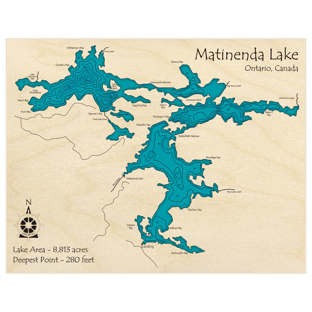 Bathymetric topo map of Matinenda Lake with roads, towns and depths noted in blue water